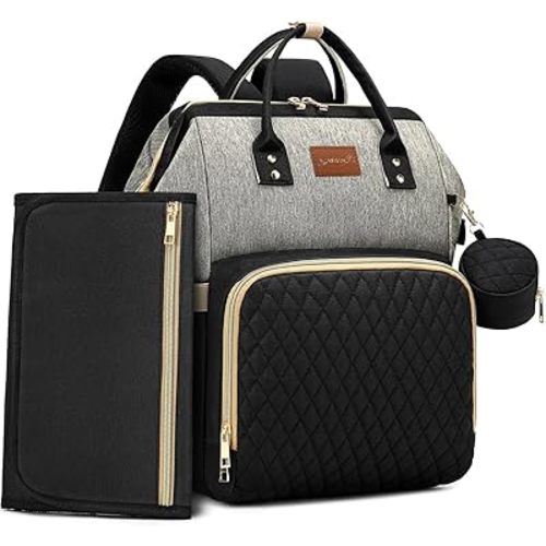 Diaper Bag Backpack with Changing Pad, Pacifier Case, Baby Bag for Boy Girl Toddler - Large, Stylish, Waterproof Travel Quilted Diaper Bag for Mom - Baby Shower - Black Grey
