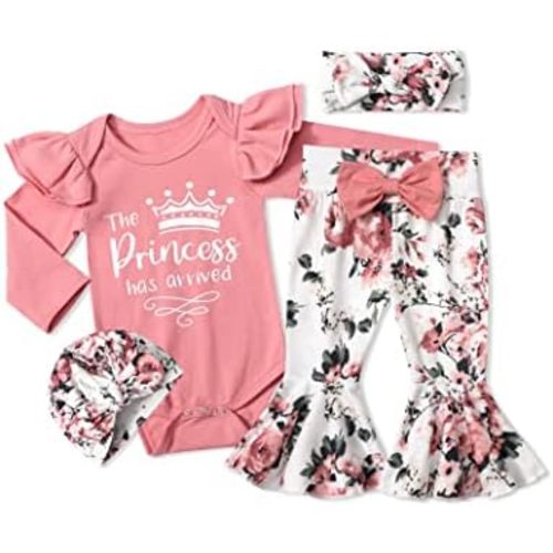 Baby Girl Clothes,4pcs Infant Newborn Girl Outfits Ruffle Romper Baby Bell Bottoms Headband Bandana Clothes Sets Gifts