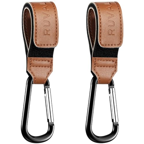 Leather Stroller Hooks for Diaper Bag and Stroller Organizer - RUVALINO® Stroller Strap with Large Carabiner Clip for Shopping Bags - Accessories for Wheelchair, Shopping and Pet Carts, Brown, 2 Pack