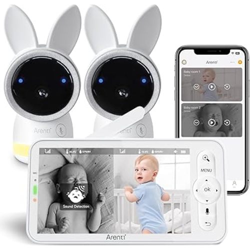 ARENTI Baby Monitor with 2 Cameras, 2K Smart Baby Camera with 5'' Upgraded Wireless Display, Super Night Vision, Breathing Light, Lullabies, Cry&Motion Detection, Temp&Humidity Sensor, 2 Way Audio