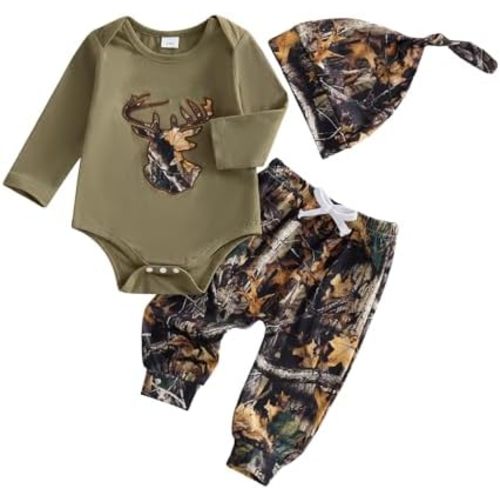 Newborn Baby Boy Hunting Outfit Deer Mallard Duck Romper Jungle Camo Pants Set Hat 3 Piece Fall Winter Clothes