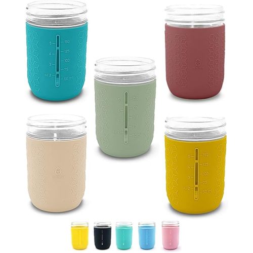 Silicone Mason Jar Sleeves | Anti-Slip Protectors for 8 oz Regular Mouth Ball & Kerr Jelly Canning Jars | Kids Cup Holders with Measurement Markings | Dishwasher Safe Jar Jackets - 5 Pack