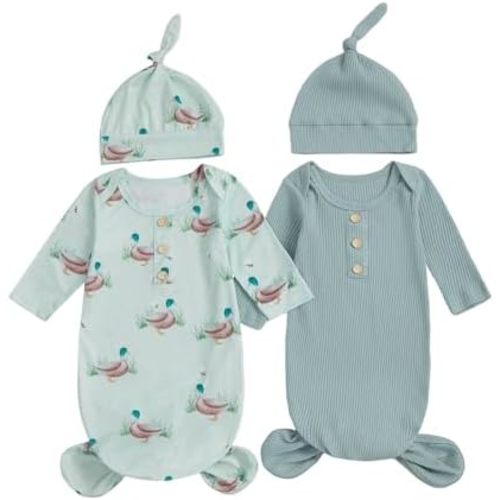 Merqwadd Baby Sleeper Gown Boy Girl 2-Pack Knotted Gown Newborn Nightgown with Hat Set Infant Sleepwear Pajamas