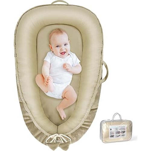 Baby Lounger - Baby Lounger for Newborn 0-24 Months, Breathable & Soft Cotton and Velvet Cover Baby Nest, Portable Cozy Infant Lounger for Home and Travel, Ideal Baby Essentials & Shower Gifts