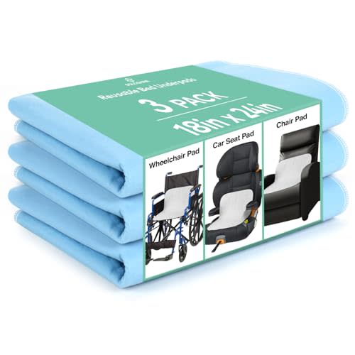 SOLOSHINE Washable Waterproof Underpads, 18" x 24" (3 Pack) Heavy Absorbency Reusable Incontinence Pads for Crib, Bassinet, Chair, Car Seat, Sofa, Wheelchair