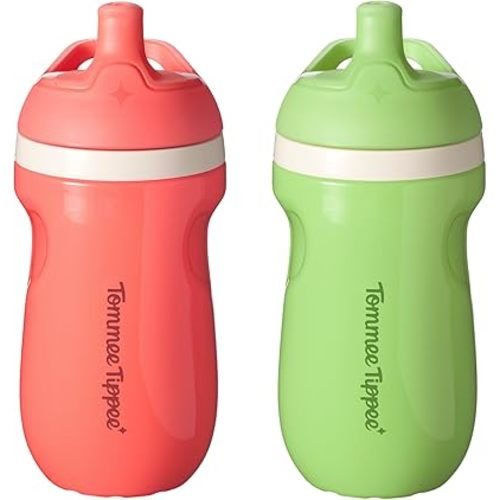 Tommee Tippee Insulated Sporty Bottle, 9oz, No Spill Toddler Water Bottle For 12 months +, Two-Piece Valve Helps Stop Spills, Pack of 2, Green and Red