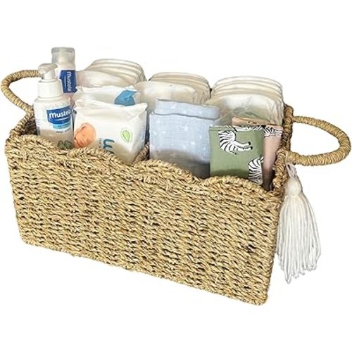 Vivika Wicker Diaper Caddy Organizer - Handmade Diaper Basket for Changing Table Organizer, Cute Woven Scalloped Basket in Premium Seagrass with Dividers and Handles, Baby Dresser Storage for Nursery