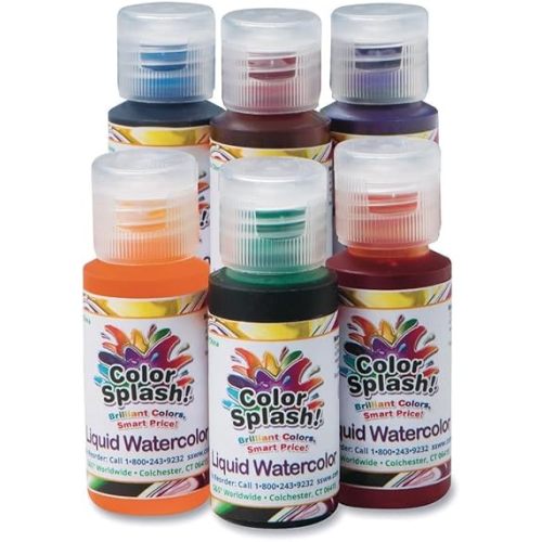 S&S Worldwide Color Splash! Liquid Watercolor Paint, 6 Vivid Colors, 1-oz Drip-Dispense Bottles, For All Watercolor Painting, Use to Tint Slime, Clay, Glue, Shaving Cream, Non-Toxic. Pack of 6.