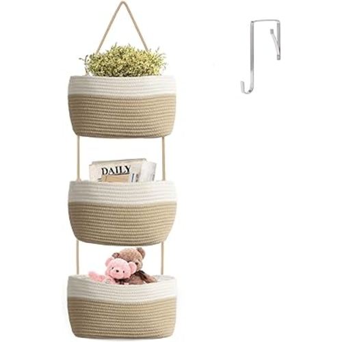 Over The Door Hanging Basket,3-Tier Wall Hanging Basket,Cotton Rope Wall Hanging Organizer,Decorative Door Storage Basket, Storage Space for Bedroom,Bathroom,Living Room,Duotone