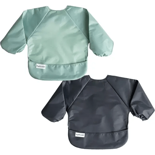 Tiny Twinkle Mess Proof Baby Bibs, 2pk Waterproof Smock Baby Bibs for Eating, Machine Washable Long Sleeve Bibs, Baby Led Weaning, Toddler Bibs, BLW Supplies (Sage Charcoal, Small 6-24 Months)