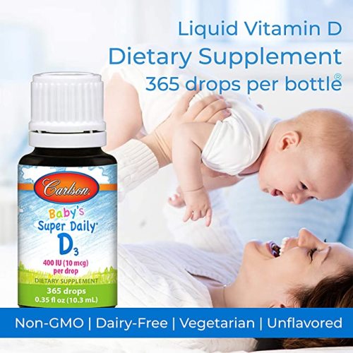 Carlson - Baby's Super Daily D3, Baby Vitamin D Drops, 400 IU (10 mcg) per Drop, 1-Year Supply, Vegetarian, Liquid Vitamin D Drops for Infants and Toddlers, Unflavored, 365 Drops - 0.35 Fl Oz (Pack of 1)
