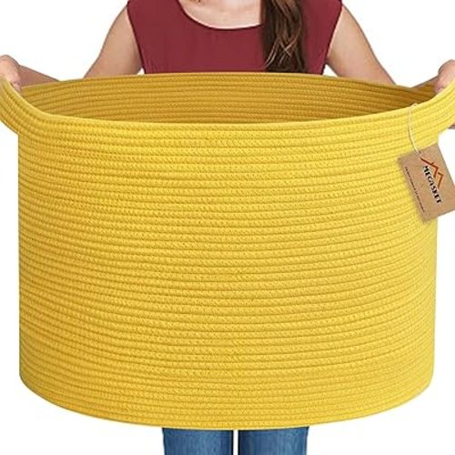 Extra Large Yellow Basket, 22” X 22” X 14” Cotton Rope Yellow Decor for Living Room Bedroom, Woven Basket for Blanket, Laundry, Towel, Shoe, Baby Nursery Toy Organizer, Room Decor Storage Bin