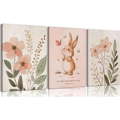 3Pcs Nursery Bunny Wall Art Christian Scripture Canvas Painting Cute Pink Bunny Botanical Flowers Wall Decor Nursery Posters for Girls and Boys Kids Room Baby Room Decor Framed