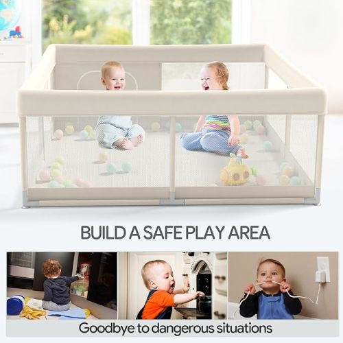 Fodoss Baby Playpen, Upgrade Playpen for Babies and Toddlers, 47x47x26inch Beige Play Pen for Babies with Hand Pulling Ring, Play Pen Center for Kids,Baby Fence,Baby Playards - 47x47inch beige - 1