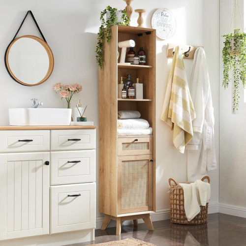 Kylann Rattan Freestanding Bathroom Cabinet with Drawer & Adjustable Shelves