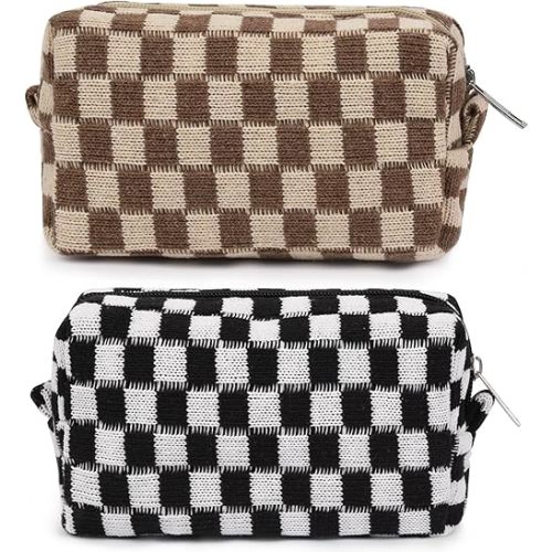 2 Pieces Checkered Cosmetic Travel Bags - Cute Makeup Pouch Organizers With Brush Storage for Women