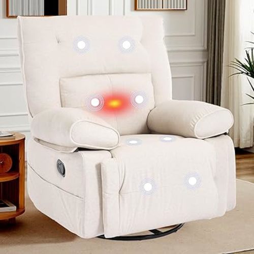 KCQ Comfortable Massage Swivel Rocker Recliners with Heat Fabric Manual Rocking Recliner Chairs, Thickly Padded Reclining Glider Chairs for Living Room (Beige)