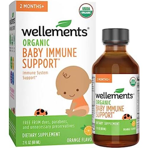 Wellements Organic Baby Immune Support Syrup, Vitamin C & Zinc for Babies & Toddlers 2 Months+, USDA Certified Organic, Free from Dyes, Parabens & Top 9 Most Common Allergens, Orange Flavor, 2 fl Oz
