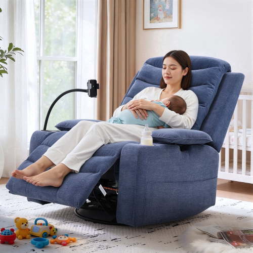 Holaki Power Recliner Chair, 270° Swivel Recliner with Heat & Lumbar Support, Modern Comfortable Chenille Rocker Recliner Nursery Chair with Smart Cup Holder & Adjustable Armrests for Nursing, Navy