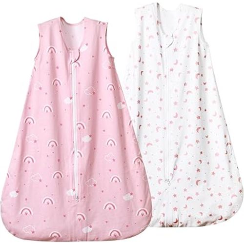 david's kids 100% Cotton Baby Sleep Sack 6-12 Months, Soft Baby Wearable Blankets with 2-Way Zipper, 2 Pack Comfy Sleeping Bags for Infant Newborn Boys Girls Neutral, Medium Size, Rainbow & Space