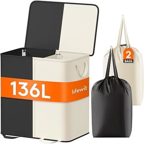 Lifewit Double Laundry Hamper with Lid and Removable Laundry Bags, Large Collapsible 2 Dividers Dirty Clothes Basket with Handles for Bedroom, Laundry Room, Closet, Bathroom, College, 136L White&Black