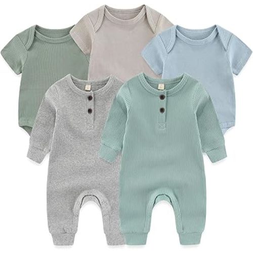 Newborn Baby Bodysuit Soft Ribbed Romper Infant Boy Girl Clothes Set 0-12 Months