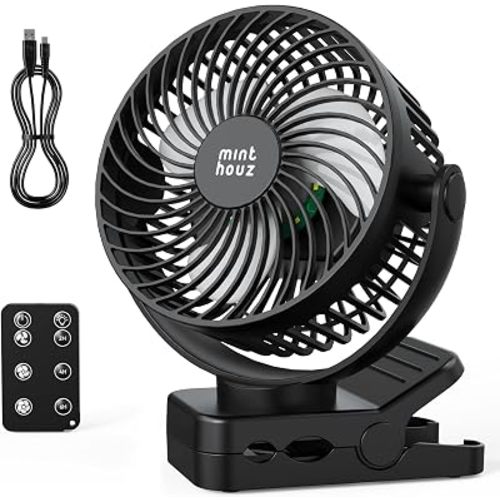 Minthouz Clip on Fan, 12000mAh Desk Fans, 360° Rotation Rechargeable Portable Fan with 45hrs Runtime - Quiet 3 Speeds, Wireless Remote, Timer, Input/Output Ports - Lightweight for Travel & Office