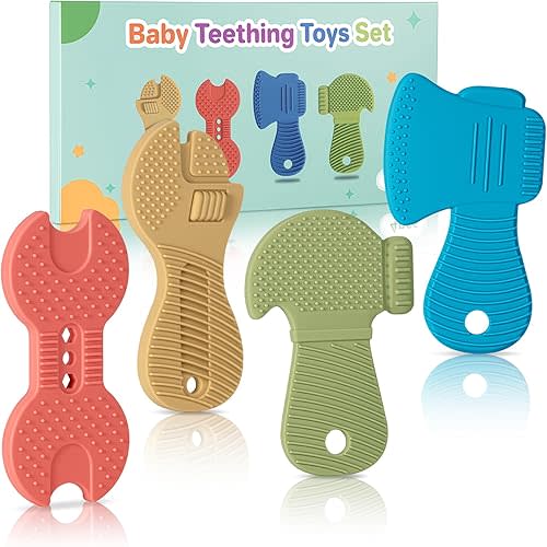 Baby Teether Toys, 4 Pack Food-Grade Silicone Teething Toys for 3-6 6-12 Months Babies, Infants, Easy to Grasp, Teething Relief Toy