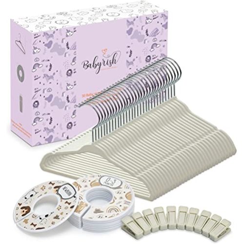 Babyrish Unisex Nursery Closet Organizer Set - 30X Velvet Hangers for Baby Clothes with 8X Closet Size Dividers (Newborn Infant to Toddler) and 10X Hanger Clips - All in Cute Box (Beige)