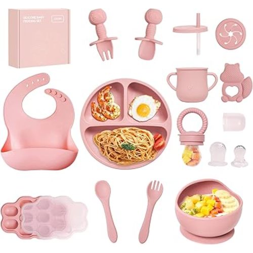 Ensemble d'alimentation en silicone pour bébé, 15 pièces, fournitures d'alimentation LED pour tout-petits, bols et assiettes avec ventouse, bavoir, cuillères et fourchettes pour tout-petits, tasses,