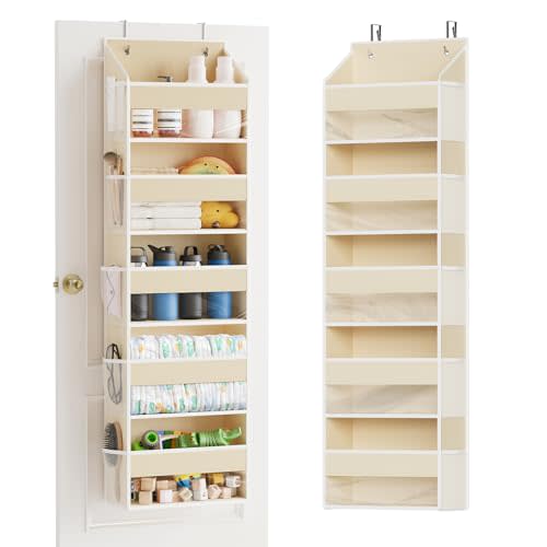 SpaceAid 1 Pack Over The Door Organizer with 5 Large Pockets and 10 Mesh Side Pockets, 5 Layers Door Organizer Hanging with Clear Window for Bedroom, Bathroom, Pantry and Nursery, Beige