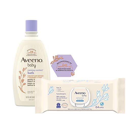 Aveeno Baby Calming Comfort Bath with Relaxing Lavender & Vanilla Scents, Hypoallergenic, 18 Fl Oz (Pack of 1) with Sensitive All Over Wipes, 64 ct (Pack of 3)