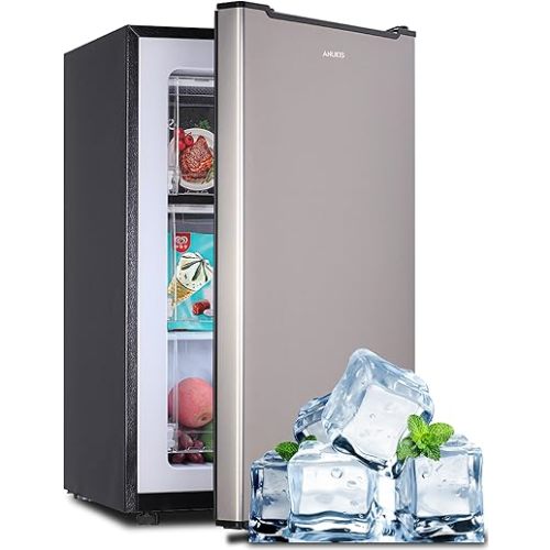 Anukis Congelador vertical de 3.0 pies cúbicos, mini y pequeños congeladores con temperatura ajustable, tres estantes de congelación para el hogar, cocina, oficina, color plateado