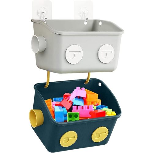 Bath Toy Storage Organizer Basket, Cute Robot Bathtub Shower Toy Organizer, Wall Mounted Hanging Bath Toy Holder with Hooks, for Tub Laundry