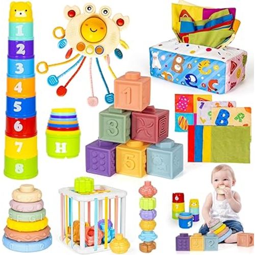6 in 1 Montessori Toys for Babies 6–12 Months Stacking Block Soft Infant Ring Shape Learning Sensory Bin Pull String Teething Toy Tissue Box for Toddlers 1 2 3 Year Old Boy Girl Gift