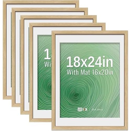 VCK 18x24 Poster Frame 5 Pack - Natural Oak, High-End Wood Picture Frames with Polished Plexiglass, Display 16x20 Photo with Mat or 18x24 without Mat, Art Gallery-Quality, Wall Hanging, Natural Oak