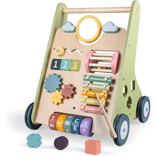 Wooden Baby Walker with Wheels, Baby Walker for Boys 6-12 Months Push Toy, Montessori Walking Toys for 1 Year Old Activity Center