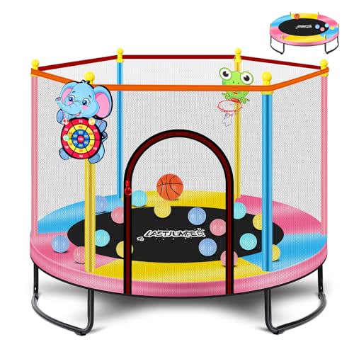 Pink Indoor Trampoline for Kids 2-5, 5ft Mini Indoor & Outdoor Small Toddler Trampoline with Net and Basketball Hoop