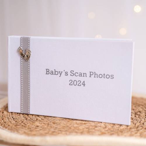 Baby Scan Photo album 2024 - White with grey/pink/blue stitched ribbon & footprints