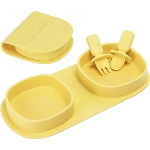 Toddler Plates Travel Essential on the go,Baby Plates with Forks and Spoons Self Feeding 6 months,Foldable,Silicone,BPA Free,Lemon