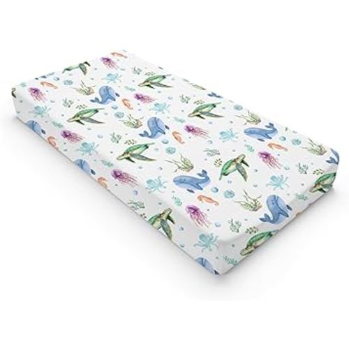 Colorful Sea Animals Changing Pad Cover Ocean Turtle Whale Jellyfish Sea Horse Weeds Sealife Diaper Change Table Pad Cover for Boys Girls Soft Stretch Fitted Changing Mat Sheets Cover 32''x16''