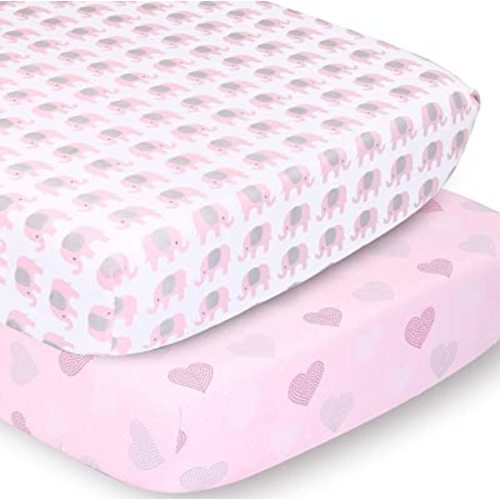 The Peanutshell 2-Pack Fitted Crib Sheet Set - Super Soft & Breathable Baby Girl Crib Sheets, Nursery Decor, Fit for Standard Crib Mattress Sheet - Pink Elephants