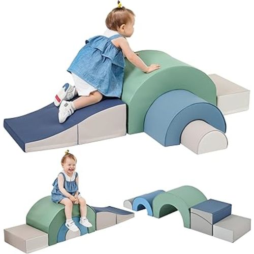 Merax Rainbow Soft Play Set, Soft Climbing Toys for Toddlers with Foldable Slide, Indoor Baby Soft Foam Blocks for Climbing and Crawling, 5-Piece