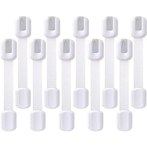 Child Safety Cabinet Locks - (10 Pack) Baby Proofing Latches to Drawer Door Fridge Oven Toilet Seat Kitchen Cupboard Appliance Trash Can with 3M Adhesive - Adjustable Strap No Drill No Tool