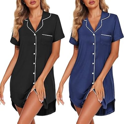 Ekouaer 2 Pack Nightgowns for Women Button Down Sleepshirts Short Sleeve Sleepwear V Neck Nightshirt Pajama Dress