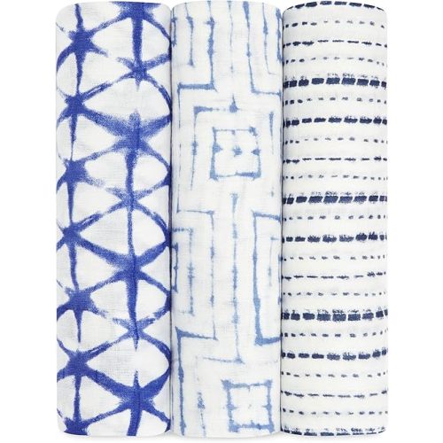 aden + anais Silky Soft Swaddle Blanket,100% Bamboo Viscose Muslin Blankets for Girls & Boys, Baby Receiving Swaddles, Ideal Newborn & Infant Swaddling Set, 3 Pack, Indigo Shibori