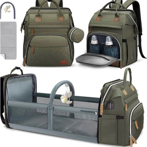 DERJUNSTAR Diaper Bag Backpack, Large Baby Bag with Changing Pad, Thick Padded Back & Straps, Laptop Compartment, Waterproof Travel Backpack with USB Port, Multi-Function for Mom & Dad, Army Green