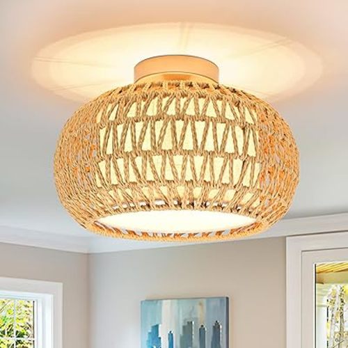 12" Rattan flush mount ceiling light fixture,3-light farmhouse ceiling lights for bedroom,Farbic Shade rattan ceiling light boho ceiling light living room ceiling lights for Hallway Entryway