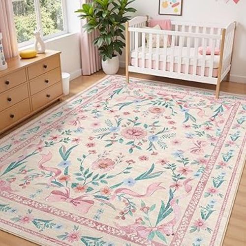 Coquette Pink Bow Rug 5x7, Washable Floral Area Rug for Girls Bedroom & Nursery, Soft Low Pile Non Slip Carpet for Kids Room, Dorm, Playroom, Living Room