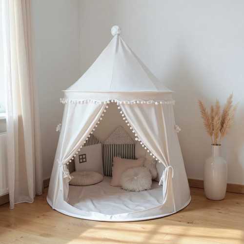 Princess Play Tent for Girls | Kids Castle Playhouse | Toddler Childrens Indoor Fun | Nursery Reading Nook Decor | Pink White Grey Pom Pom